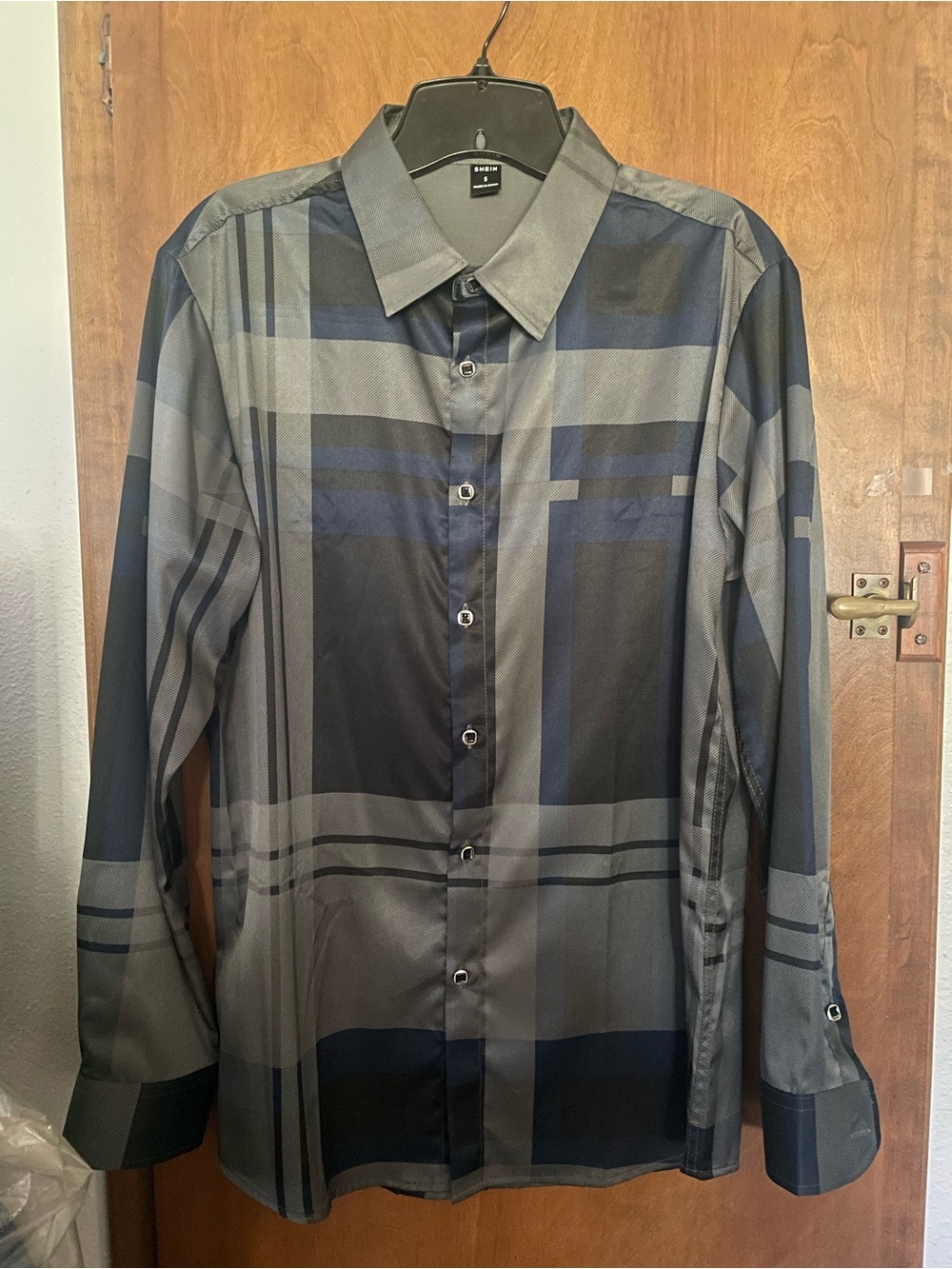 Men's Gray and Navy Plaid Button-Up Shirt